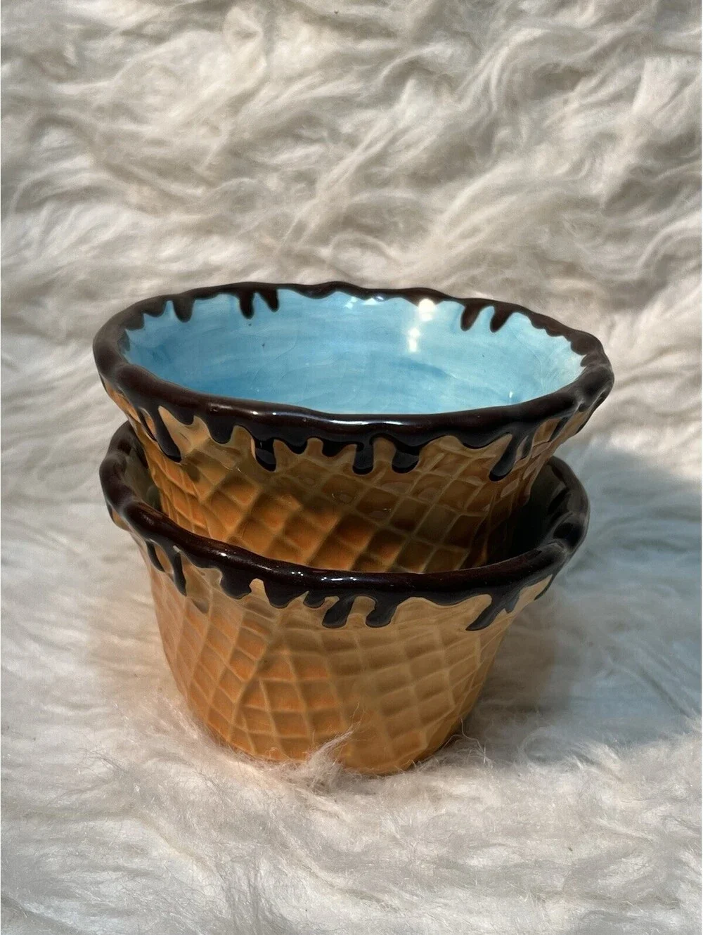 2 ceramic waffle cone ice cream bowls